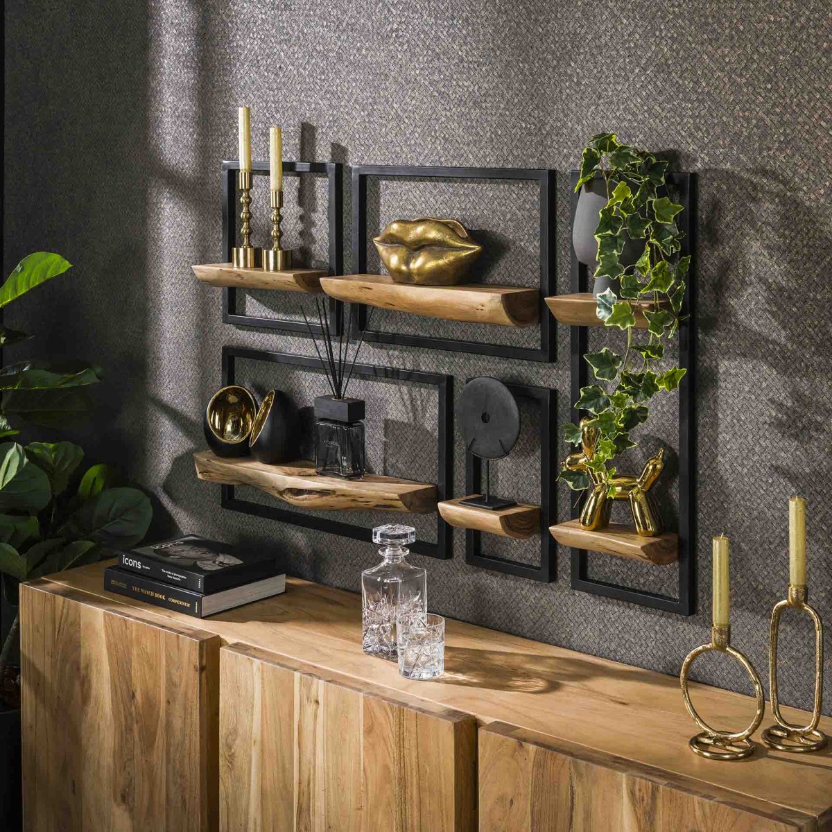 Wandplanken Edge | set van 5 | massief acacia | 25x12x75 cm - Afbeelding 2